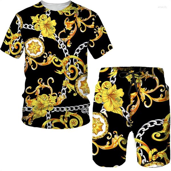 Chándales para hombre, conjunto de camisetas y pantalones cortos para hombre, chándal con estampado 3D Floral de lujo a la moda con patrón dorado, ropa de calle informal para hombre