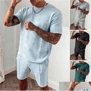 Survêtements pour hommes Survêtements pour hommes 2022 Survêtement d'été Hommes Casual Sports Set Solid Color Plaid Short à manches courtes Ensembles Mode 2 Dr Dhguo