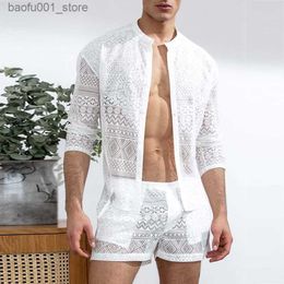 Chándales para hombres Chándales para hombres Llegadas Conjunto para hombres Verano Sexy Ver a través de trajes de encaje Moda de playa Tops de manga corta y pantalones cortos Trajes de dos piezas para hombre 230206 Q240228