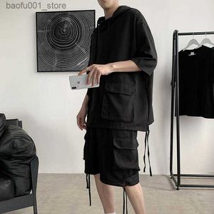 Survêtements pour hommes Survêtements pour hommes T-shirt de sport à capuche costume noir cargo grande poche à manches courtes hauts shorts pantalons lâche été décontracté vêtements masculins Q240228