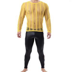 Survêtements pour hommes maille voir à travers t-shirt Sexy à manches longues résille t-shirt Transparent Homme Hip Hop Look humide pantalon en similicuir hommes