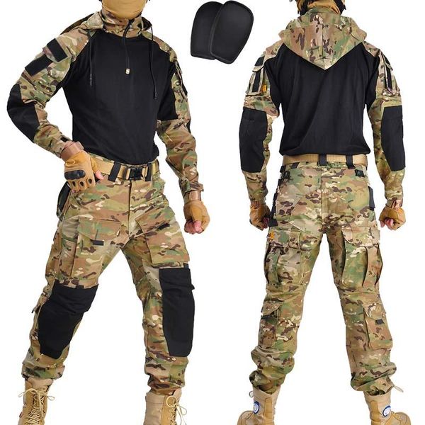 Chándales de los hombres Uniforme militar Camisa de combate del ejército Multicam Pantalones tácticos con almohadillas Traje de camuflaje Ropa de caza EquipmentMen's Men'sMe