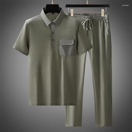 Survêtements pour hommes Minglu Summer Polos sans couture Ensembles de luxe Haute élasticité à manches courtes Couleur unie Homme Pantalon élastique