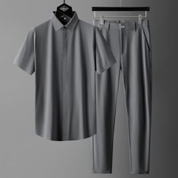 Survêtements pour hommes Minglu Summer Thin Mens Sets shirtspants Luxury Short Sleeve Soft Silky Casual Male Sets Fashion Slim Fit Business Man Suits 230717