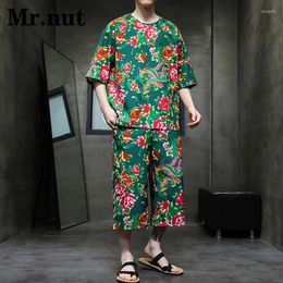 Trainingspakken voor heren Mr.nut Zomerbloemenprint T-shirt Tweedelige set Katoen Linnen Casual kleding Pak Unisex Chinese internetberoemdheid