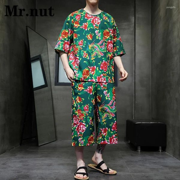 Survêtements pour hommes Mr.Nut Summer Flower Impression T-shirt Deux pièces Ensemble coton lin vêtements décontractés costume unisexe célébrité Internet chinoise