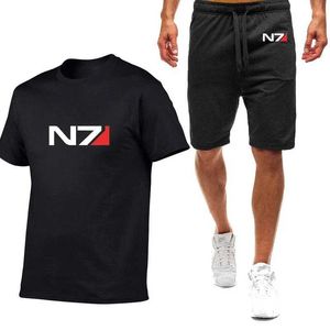 Sucks de piste masculine N7 Mass Effect 2024 Mens Summer Summer Sportswear Cotton Coton T-shirt Top et deux pièces Set Y240508