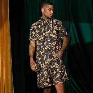 Suits-survêtement masculins Nouveaux hommes imprimés Hawaiian Set 2023 Summer Slve Button Shirt Shorts de plage Strtwear Casual Mens Cost 2 pièces Y240508