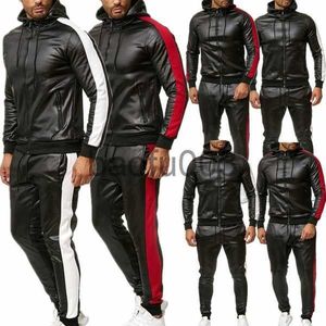 Chándales de los hombres Nuevos Mens Pu Leather Hoodies Set Casual Sweatsuit Chaqueta con capucha y pantalones Jogging Suit Chándales J230803