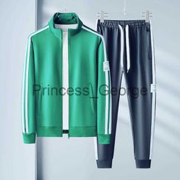 Chándales de hombre Nuevo chándal a rayas Chaqueta y pantalones de hombre Conjuntos para correr Ropa deportiva Chaqueta de punto con cremallera verde Pantalones de chándal 2 piezas Traje de chándal Ropa masculina x0627