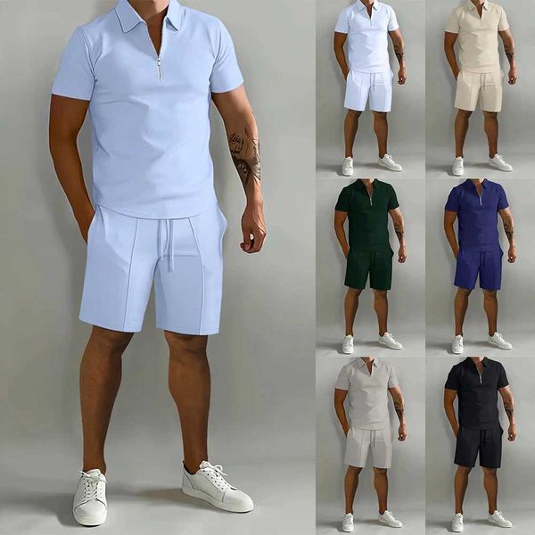 Survêtements pour hommes New Y2K Morning Running Sports Mens Casual Solid Trendy Polo à manches courtes T-shirt + Sports à manches courtes en vrac Mens Set J240305