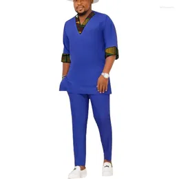 Heren Trainingspakken Nigeriaanse Mode Broek Sets Koningsblauw Patchwork Shirts Effen Broek V-hals Tops Mannelijke Afrikaanse Bruidegom Pakken