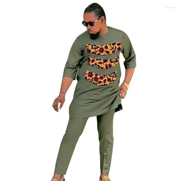 Survêtements pour hommes Style nigérian vert militaire impression costume de marié Patchwork chemise à manches 3/4 pantalon solide tenues de fête de mariage africaines