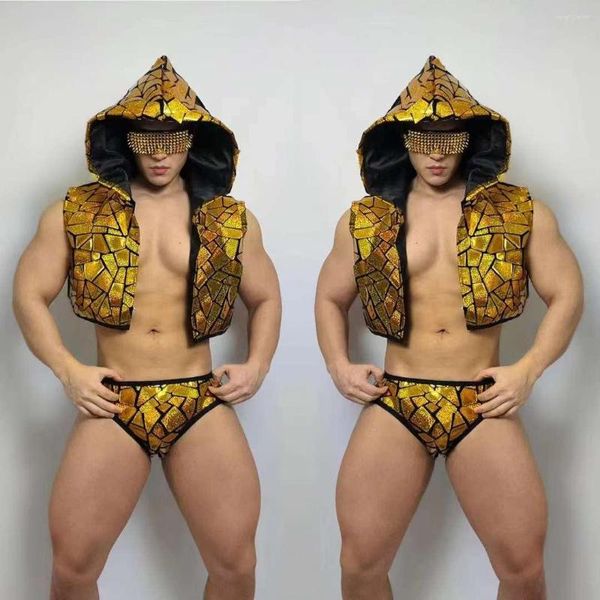 Survêtements pour hommes Discothèque Dj Hommes Danseur Gogo Costume Burning Man Outfit Pole Dance Vêtements À Capuche Sans Manches Lentille Gilet Slip Top Shorts