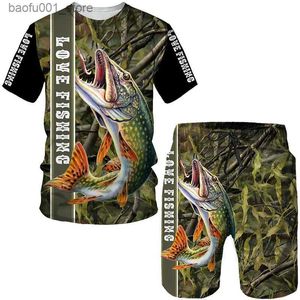 Survêtements pour hommes Nouveauté 3D poisson imprimé hommes et femmes T-shirt / shorts / ensemble Harajuku camouflage pêche chasse camping costume mode tenue de sport en plein air Q240228
