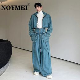 Survêtements pour hommes Noymei lavé vieux silhouette denim deux pièces ensemble couleur unie hommes veste à glissière courte droite pantalon large coréen WA2425 231011