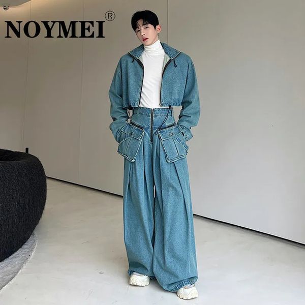 Survêtements pour hommes Noymei lavé vieux silhouette denim deux pièces ensemble couleur unie hommes veste à glissière courte droite pantalon large coréen WA2425 231011