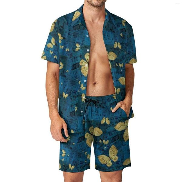 Conjuntos de chándales para hombre con estampado de papel viejo, conjunto de camisa informal con mariposas doradas, ropa de calle, ropa de playa, pantalones cortos, traje de verano de 2 piezas 2XL 3XL