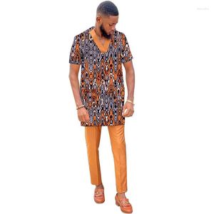 Survêtements pour hommes Orange Ensembles de pantalons pour hommes Chemises patchwork Pantalon doré solide Manches courtes Col en V Tops Homme Marié de mariage africain