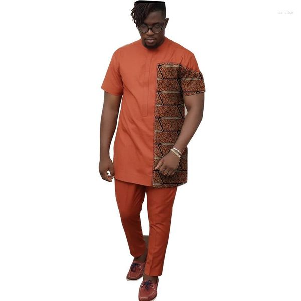 Survêtements pour hommes Orange Patchwork hauts avec un pantalon solide coton hommes costume de marié mâle Nigeria mode été fête de mariage africaine