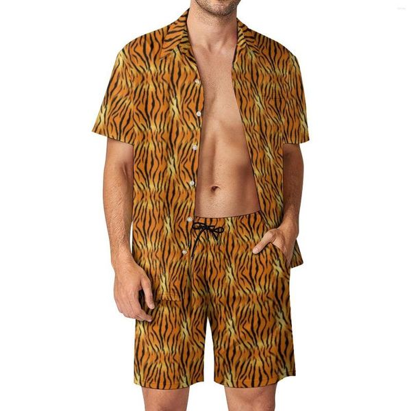 Chándales para hombres Conjuntos para hombres con estampado de tigre naranja Rayas de animales brillantes Conjunto de camisa casual Ropa de calle Ropa de playa Pantalones cortos Traje de verano 2 piezas más