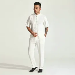 Chándales para hombres Oriental Zen Estilo Hombres Camisa de manga corta y pantalón 2 piezas Conjunto de traje Blanco Negro Gris Lino Twinset Kungfu Look Relax