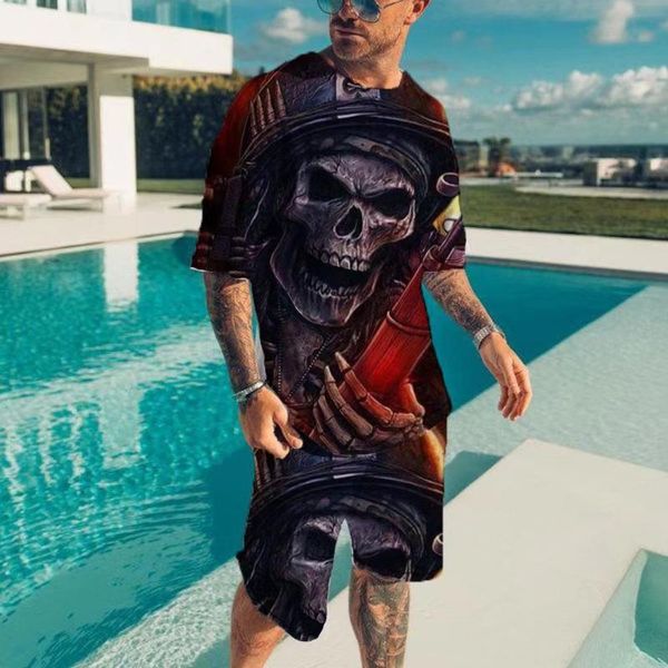 Survêtements pour hommes Costume surdimensionné Punk Skull 3D Imprimé T-shirt Shorts 2 Pièces Ensembles Pour Hommes Sport Survêtement Gothique Graphique Tee Tops Tenues Homme