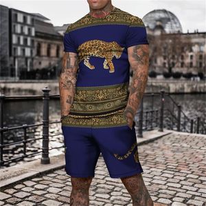 Survêtements pour hommes surdimensionné imprimé léopard animal T-shirt imprimé 3D short de jogging ensemble 2 pièces d'ensembles à manches courtes à la mode et