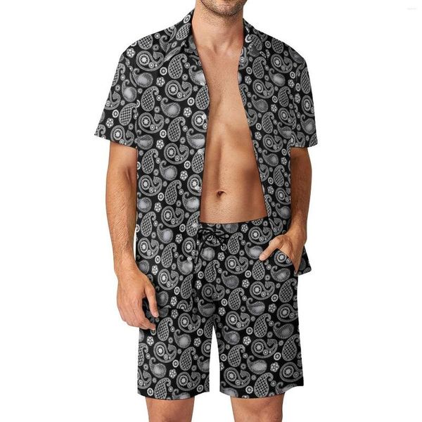 Chándales para hombres Estampado de Paisley Fitness Conjuntos para hombres al aire libre Conjunto de camisa casual en blanco y negro Diseño de verano Pantalones cortos Traje divertido de dos piezas Tallas grandes