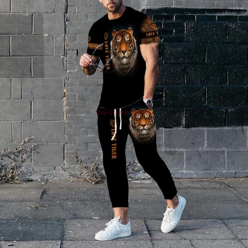 Men's Tracksuits Pant Set Man Summer Short Sleeve O Collar Tiger 3D T-shirt 2-Piece Oversized Sports Suit Casual Jogger Tracksuit Outfits