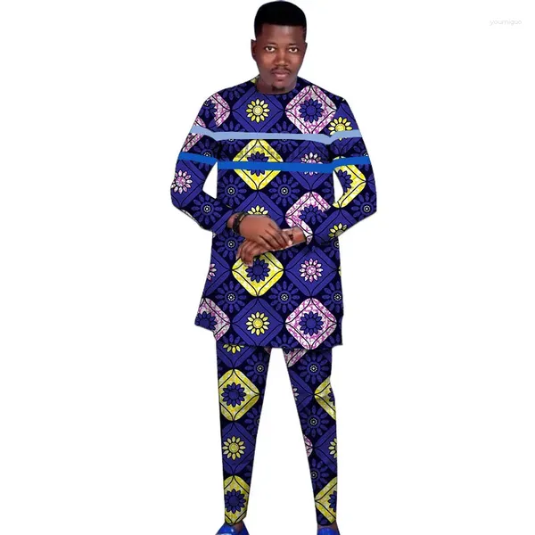 Chándales para hombre, diseño de 2 rayas paralelas, Tops de retazos con pantalones, conjuntos de manga larga, trajes africanos para novio de boda