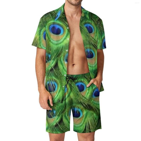 Spares para hombres Peacock Feathers Men Beach Sets Camisa casual con estampado de animales Camisetas impresas de verano Traje divertido de dos piezas Tamaño más 2XL 3XL