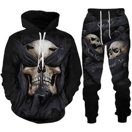 Tracksuits voor heren persoonlijkheid schedel 3D print tracksuit set gothic punk hoodie/rits sweatshirt/broek/pak cool Halloween streetwear kleding 221128