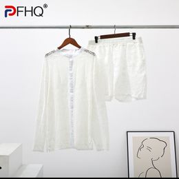 Survêtements pour hommes PFHQ été évider Sexy dentelle Shorts chemise ensembles hommes mode costume vêtements à la mode élégant plage 230726