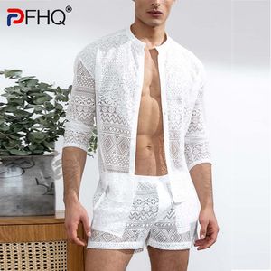 Chándales de hombre PFHQ Summer Hollow Out Sexy Lace Shorts Shirt Sets Traje de moda para hombre Ropa de playa elegante de moda 230506