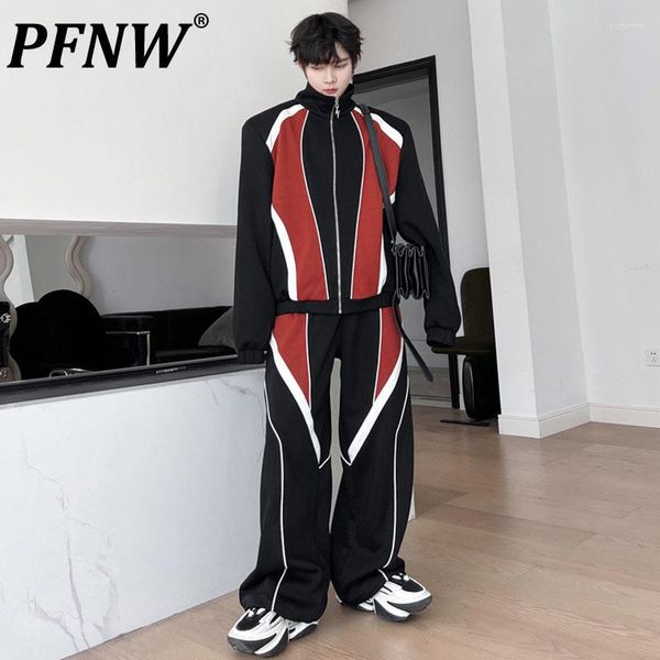 Survêtements pour hommes PFNW Couture Couleur Cardigan Automne Col Montant Manteau Mode Coréenne Mâle Sport Ensembles Pantalon À Jambes Larges 28W1265