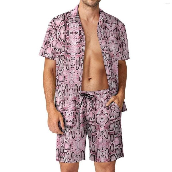 Chándales de hombre Conjuntos de hombre de piel de serpiente rosa Estampado de animales Conjunto de camisa casual vintage Conjunto de manga corta Pantalones cortos personalizados Verano Fitness Traje al aire libre Plus