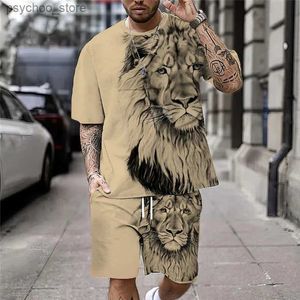 Survêtements pour hommes Plus Taille 3D Lion Print Mens Cool T-shirt Ensemble adapté au sport et au fitness Summer Street Style Graphiques surdimensionnés 2PCS Vêtements pour hommes Q240314
