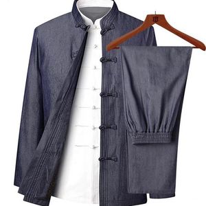 Chándales de hombre de talla grande 3XL Tang grueso cálido traje de lino de algodón chaquetas informales de ocio abrigos conjuntos de ropa de calle ropa bordada