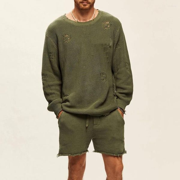 Survêtements pour hommes, vêtements de grande taille, automne 2023, costume de sport tricoté, trou creux, pull ample, short en laine