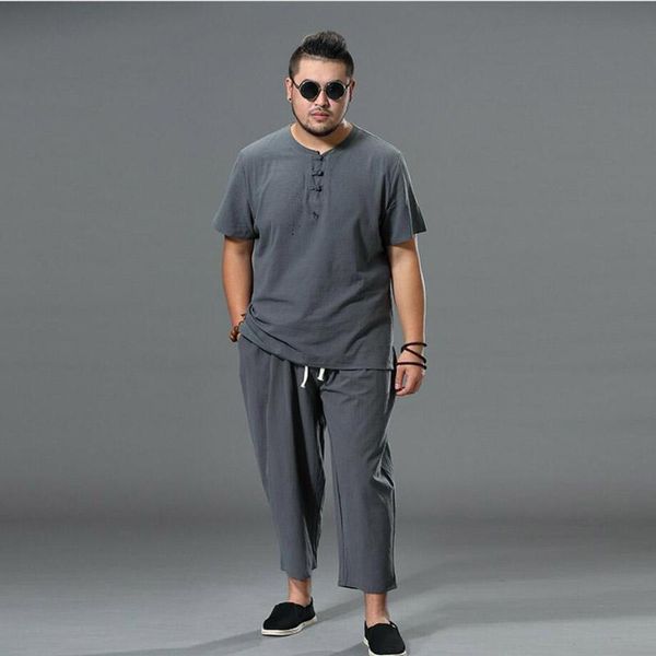 Survêtements pour hommes grande taille vêtements Vintage survêtement mari 2023 été gris maison costume coton lin t-shirt homme ensemble chinois 8XL 9XL 52