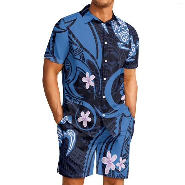 Chándales para hombre Tribal polinesio Tótem de Fiji Tatuaje Estampados de Fiji Poliéster ligero de secado rápido Plumeria Traje pantalón de playa de manga corta