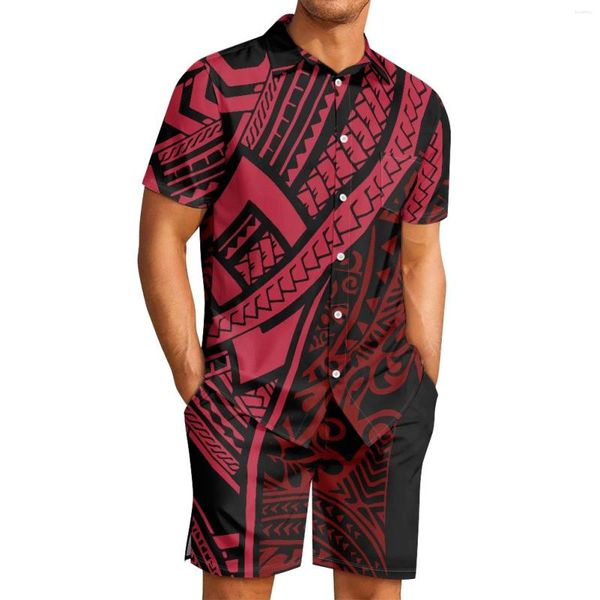 Survêtements pour hommes Tribal polynésien Fijian Totem Tattoo Fiji Prints Beach Casual Confort Polyester Tissus Collier Cubain Violet Chemise Costume