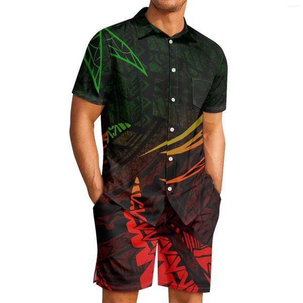 Survêtements pour hommes Polynésien Tribal Hawaiian Totem Tattoo Hawaii Prints Confort Respirant Hommes Revers Noir Short À Manches Courtes Loisirs