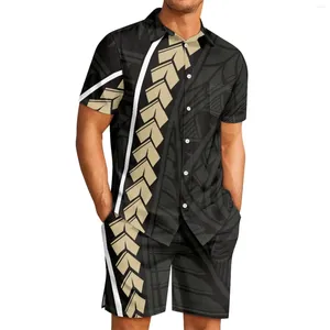 Survêtements pour hommes Polynésien Tribal Pohnpei Totem Tatouage Imprime Homme Causal Noir Revers Manches Courtes Short De Plage Confort Polyester Sweat Costume