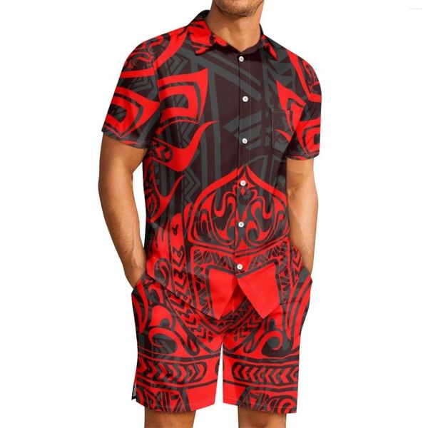 Chándales para hombres Pohnpei tribal polinesio Tótem Estampados de tatuajes 2 piezas Solapa casual Rojo Negro Manga corta Pantalones cortos de secado rápido Chándal