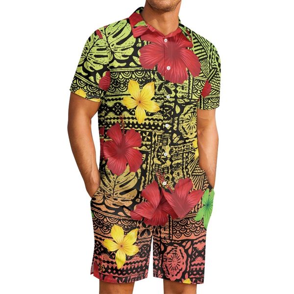 Chándales para hombres Polinesio Tribal Samoano Tótem Tatuaje Samoa Impresiones Confort Hombres Traje de sudor Solapa Camisa de hibisco Pantalones cortos de playa Conjunto informal de 2 piezas 230822