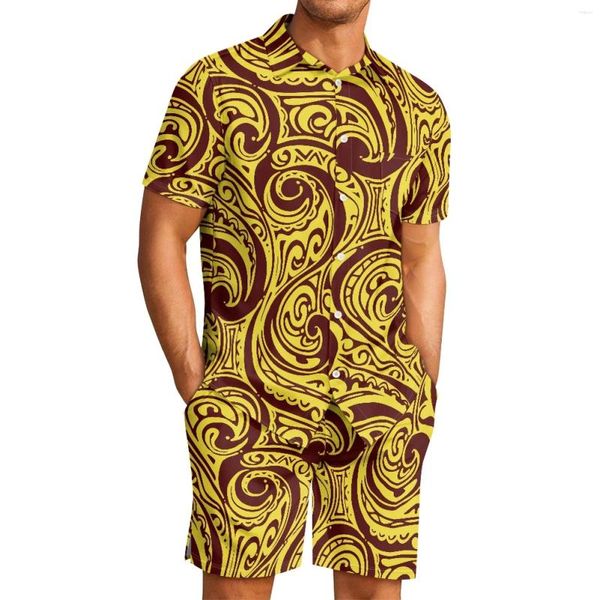 Chándales para hombres Tribal polinesio Tótem samoano Tatuaje Estampados de Samoa Camisa de manga corta amarilla informal Pantalones cortos de playa Conjunto de 2 piezas de secado rápido