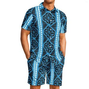 Survêtements pour hommes Polynésien Tribal Tongan Totem Tattoo Tonga Prints Mens Style Revers Confort Respirant Short À Manches Courtes Costume De Sport Bleu
