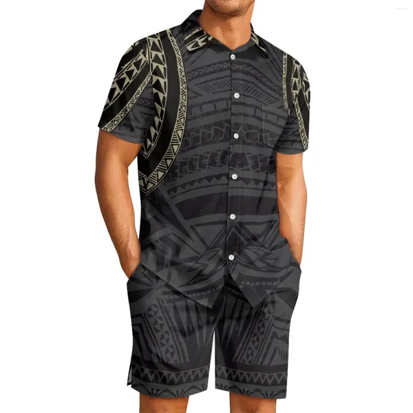 Chándales para hombre Traje con estampado de tótem tongano tribal polinesio Traje con estampado de tonga Solapa negra Pantalones cortos de poliéster de manga corta Conjunto informal de 2 piezas para la playa